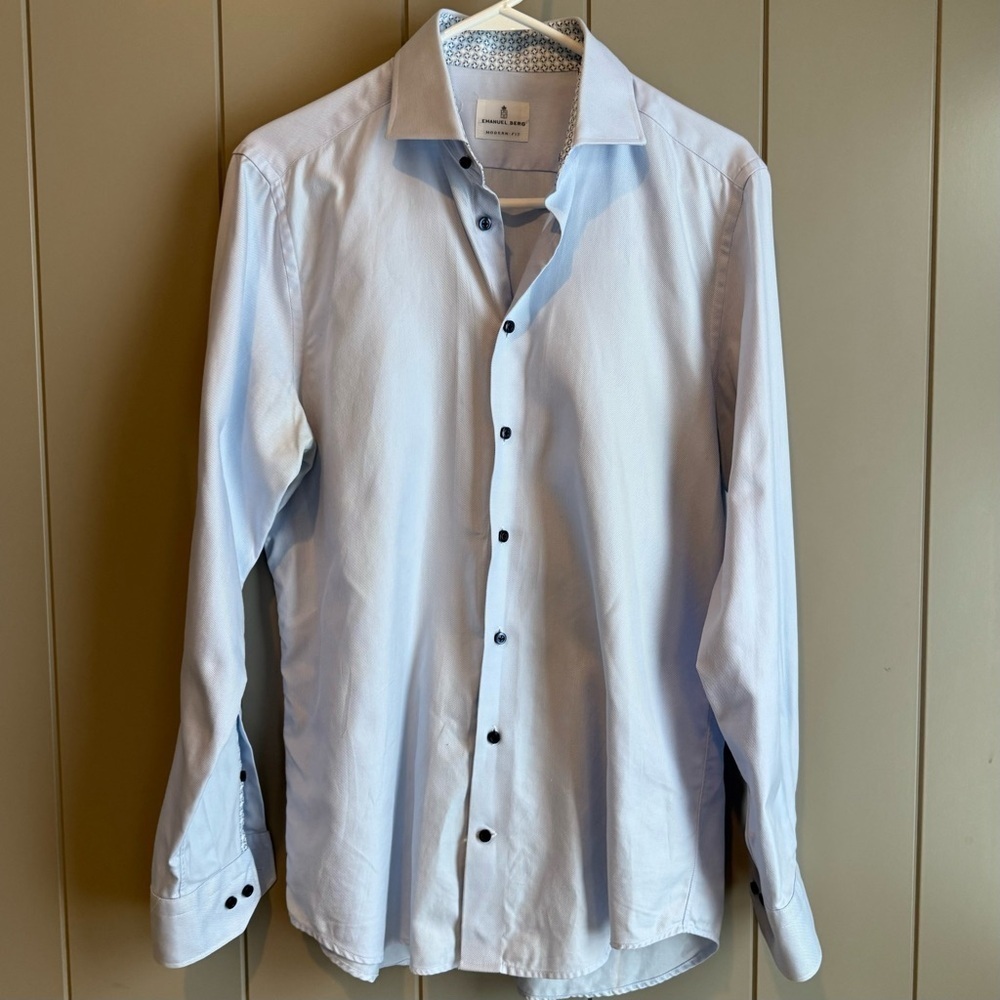 EMANUEL BERG Modern Fit Shirt Mens M 15 3/4 40 Blue Solid Dress Shirt Poland